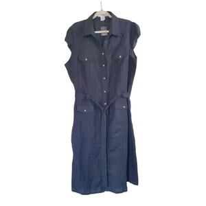 EY Signature Linen Blend Black Traditional Belt Buttondown Midi Dress, Plus 3X